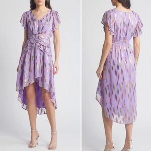 CIEBON Palmina Metallic Leaf Print High-Low Dress in Cream NWT XL